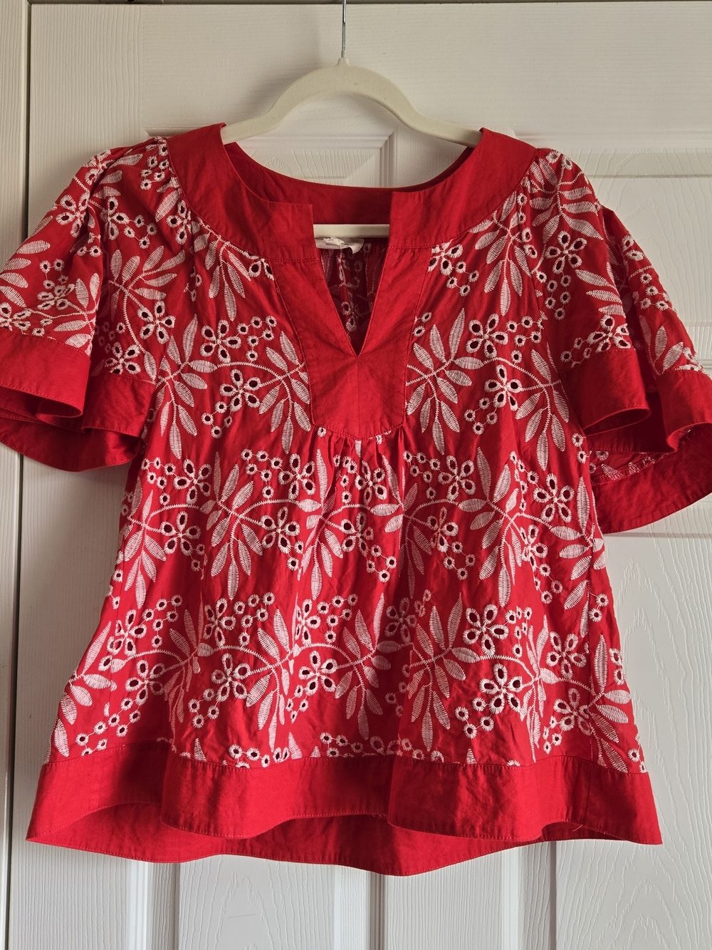 Red Embroidered V-Neck Women's Top
